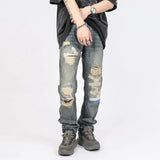 hole ripped retro straight spliced mens jeans streetwear washed pcoekts distressed denim trousers loose hip hop jean pants urban skinny jeans