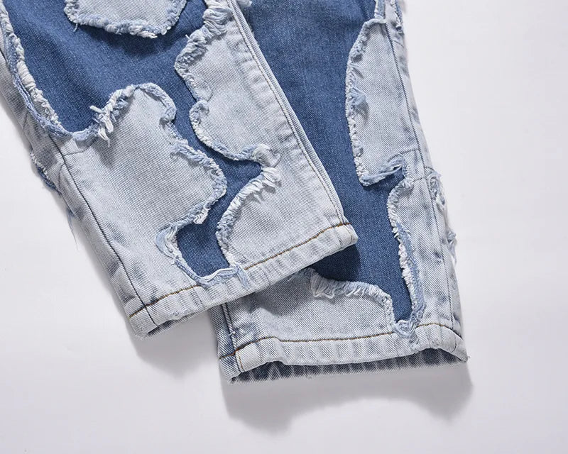 streetwear swag style blue frayed jeans pants for men retro washed ripped casual tapered denim trousers slim fit y2k jean male unique jeans style 69