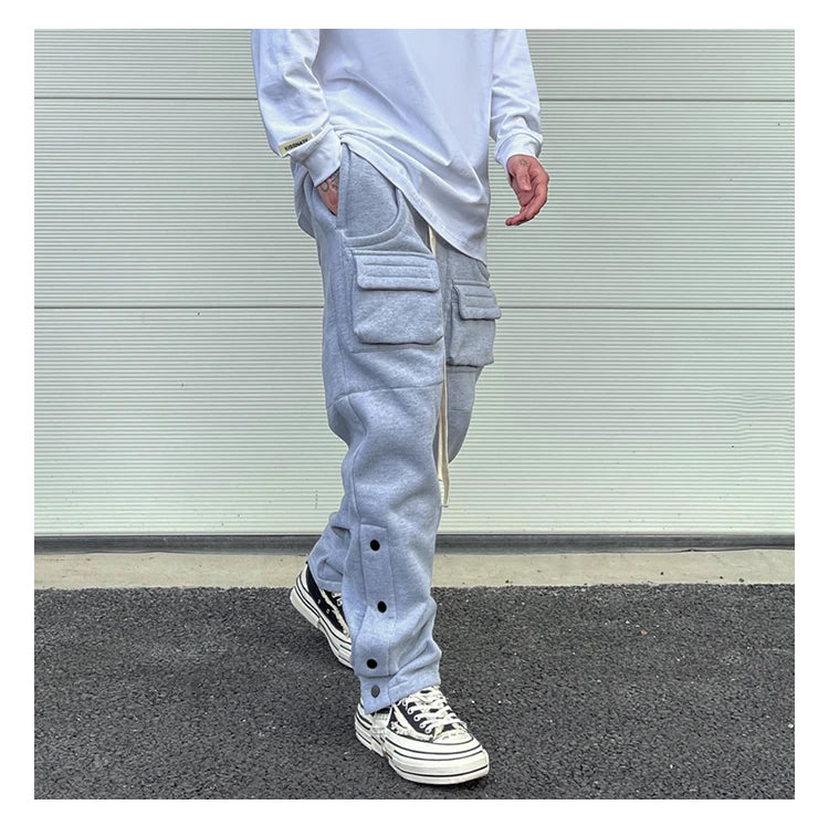 mens high street loose fit elastic waist pants winter warm fleece pants bottons hip hop drawstring sportwear sweatpants joggers unique joggers style 3051