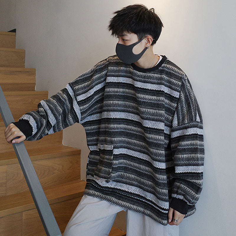 varsity graphic knit, unisex street look, trendy streetwear apparel for men and women
