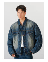 menswear fashion piece featuring 2024 spring autumn new oversized armor padded jean coat for men turtle shell ripped denim jacket for men super size clothes design – premium quality jacket for men