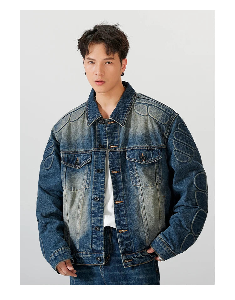 menswear fashion piece featuring 2024 spring autumn new oversized armor padded jean coat for men turtle shell ripped denim jacket for men super size clothes design – premium quality jacket for men