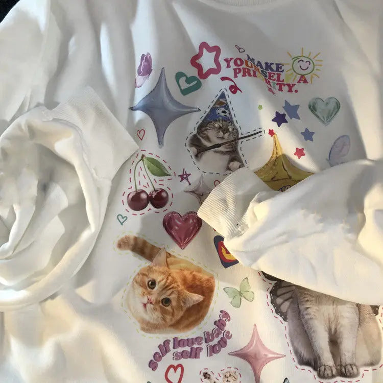 Retro Magic Cats Fun Graffiti Oversized Sweatshirt Women Girls Kawaii Clothes 2022 Autumn Winter Streetwear Long Sleeve Tops