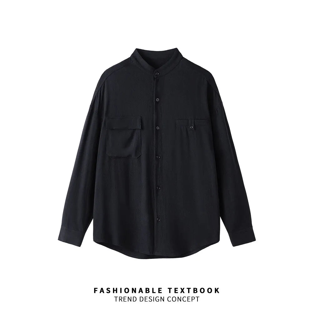 Men Loose Casual Streetwear Fashion Stand Collar Long Sleeve Black White Oversize Shirt Couple Plus Size Shirts Blouses