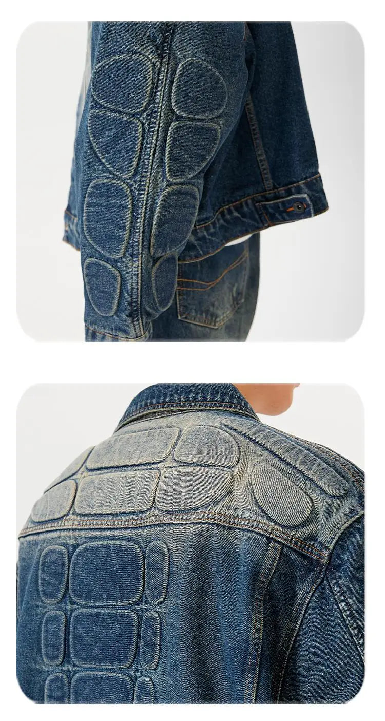trendy coat featuring 2024 spring autumn new oversized armor padded jean coat for men turtle shell ripped denim jacket for men super size clothes design – premium quality jacket for men