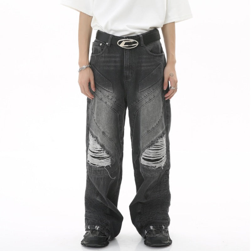 fashion loose streetwear denim jeans new casual wide legs straight jean pants hip hop ripped joggers baggy jeans men clothing unique joggers style 4391