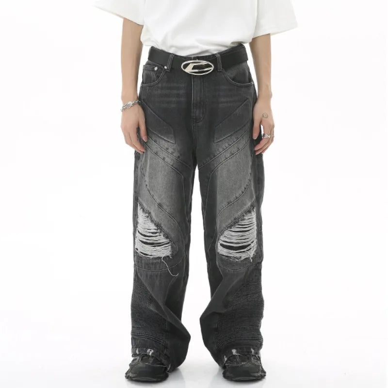fashion loose streetwear denim jeans new casual wide legs straight jean pants hip hop ripped joggers baggy jeans men clothing casual joggers