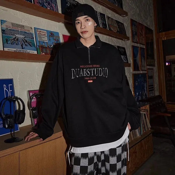 Korean Fashion Ins Men's and Women's Half-zip Polo Collar Sweatshirt Spring Autumn Niche Casual Street Retro Outer Pullover Top