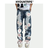harajuku y2k stars embroidery patchwork ripped holes denim jeans casual straight jean pants mens hip hop streetwear jeans pants ripped baggy denim