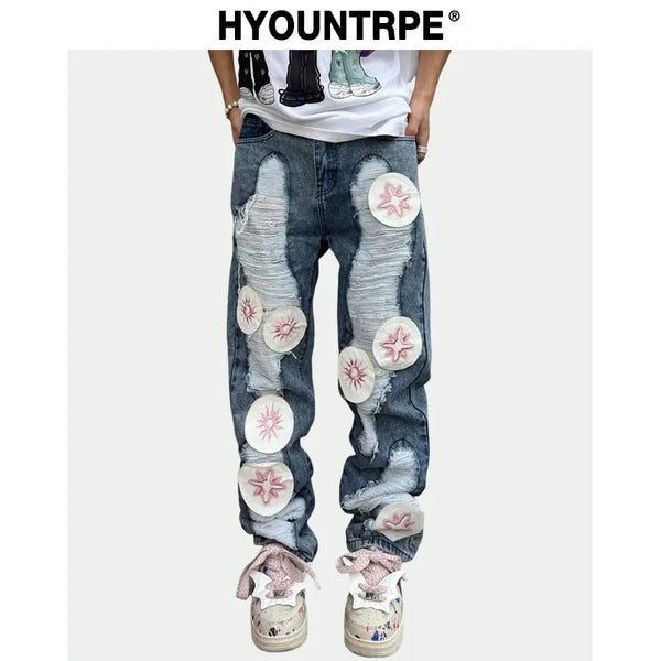 harajuku y2k stars embroidery patchwork ripped holes denim jeans casual straight jean pants mens hip hop streetwear jeans pants ripped baggy denim