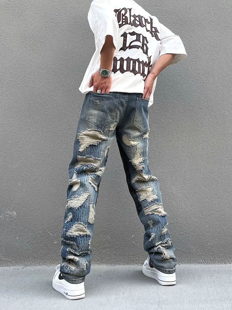destroy ripped scratched patchwork denim jeans mens casual straight biker zipper trousers streetwear hip hop jean pants joggers unique joggers style 3907