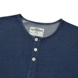 Glitchcore Melting smiley – Denim Blue Knitted Henry Collor T Shirt Men Vintage Topstitc