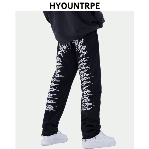 fashion back letters embroidery denim jeans mens casual zipper straight harajuku jean trouser hip hop streetwear pants joggers relaxed fit joggers