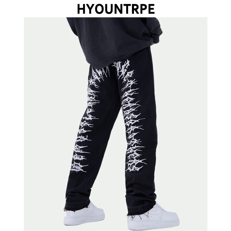 fashion back letters embroidery denim jeans mens casual zipper straight harajuku jean trouser hip hop streetwear pants joggers relaxed fit joggers