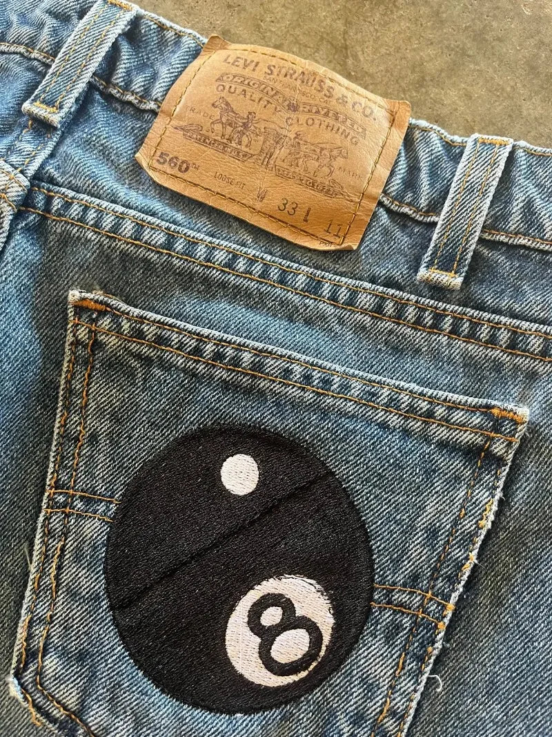Harajuku Retro Trendy Brand 8 Ball Embroidered Denim Shorts Men Y2k American High Street Summer High Waist Oversized Jeans Women
