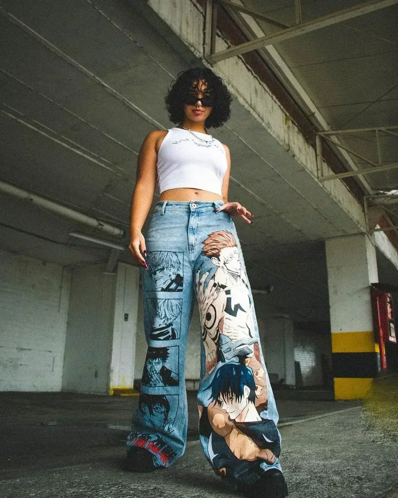 harajuku y2k style blue popular anime graphic wide leg jean fashion streetwear denim mens jeans couples high waist pants urban skinny jeans