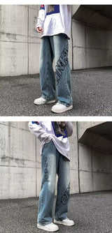 2023 new fashion letter graffiti brown hip hop men baggy jeans pants y2k clothes straight vintage denim trousers pantalon homme unique jeans style 5819