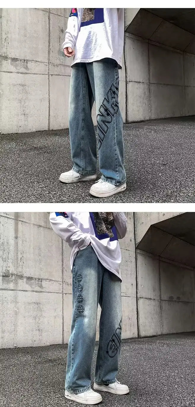 2023 new fashion letter graffiti brown hip hop men baggy jeans pants y2k clothes straight vintage denim trousers pantalon homme unique jeans style 5819