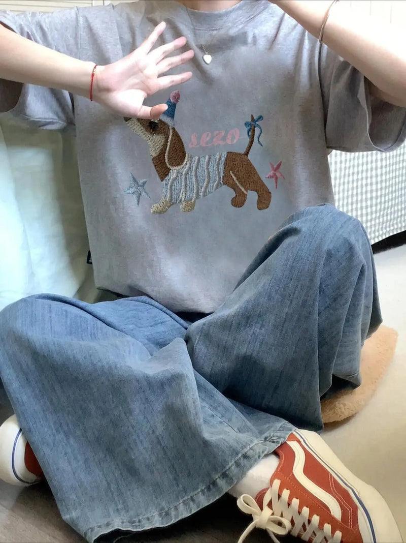 Y2k Graphic tee – New Pure Cotton Gray Korean Niche Short Sleeved T Shirt For