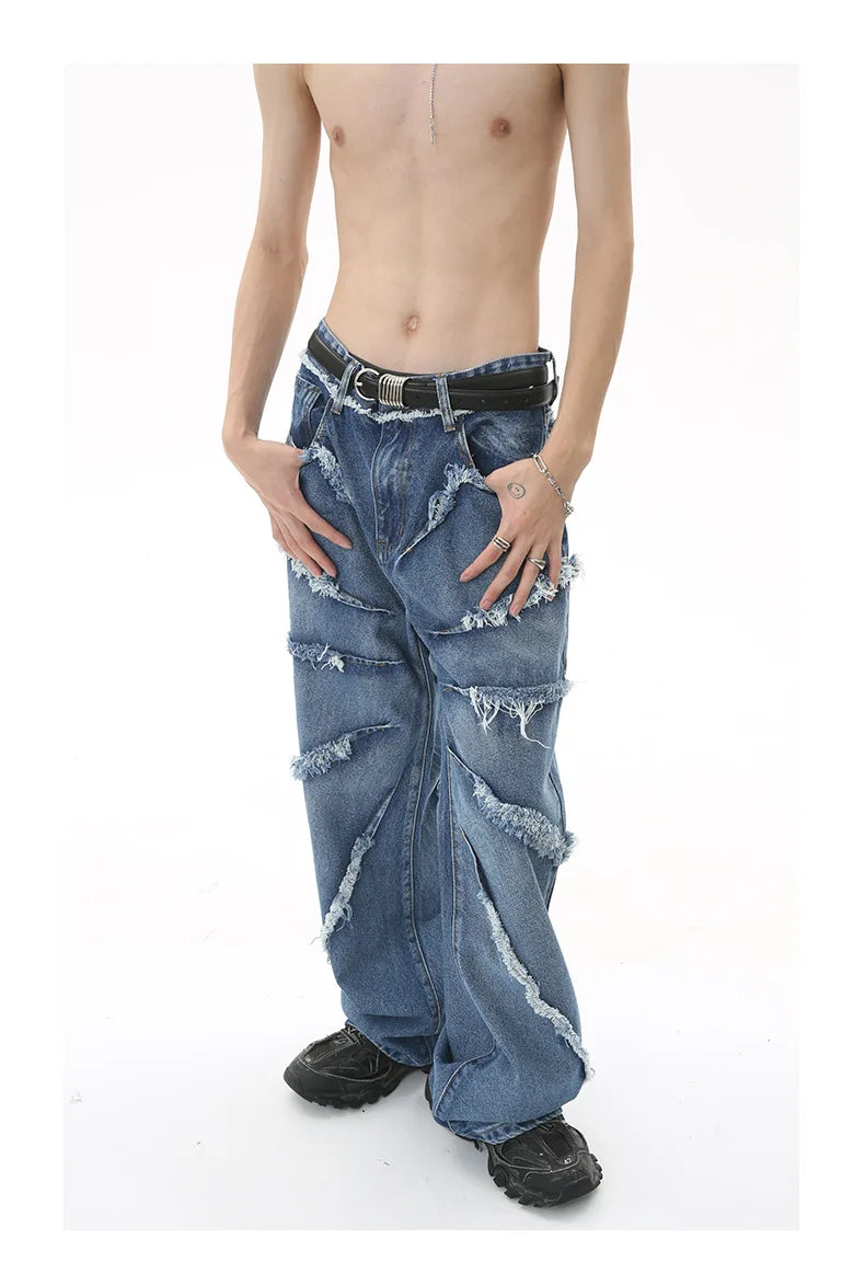 2023 european and american mens jeans new products personality trend hip hop fringed loose wide leg denim trousers unique jeans style 721