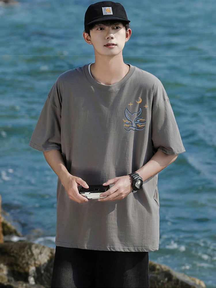 Skatercore Vintage anime – Kawaii Whale Tail Print T Shirt Men Hip Hop Fashion Cotton G