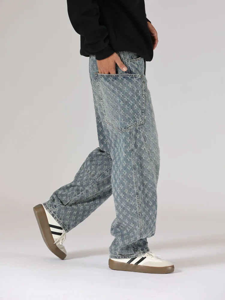 men brand fashion loose casual splice pocket jacquard vintage wide leg baggy jeans cityboy denim baggy jeans pants trousers unique jeans style 2969