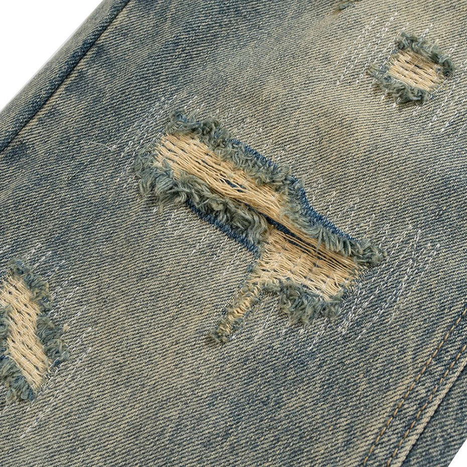 mens vintage ripped jeans distressed hole blue flared jeans trousers luxury designer male denim pants stacked flare jeans