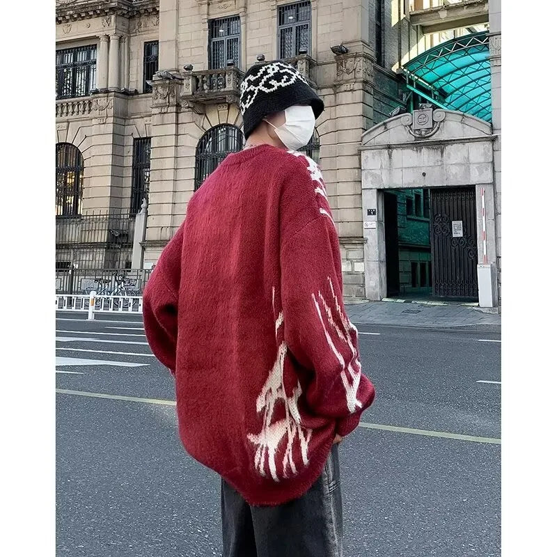 grunge fire sweater, streetwear drip, cozy knitwear for men, oversized grunge aesthetic winter top