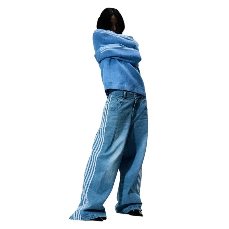 harajuku y2k baggy jeans high quality embroidered striped sweatpants baggy jeans women streetwear casual wide leg denim pants unique joggers style 4770