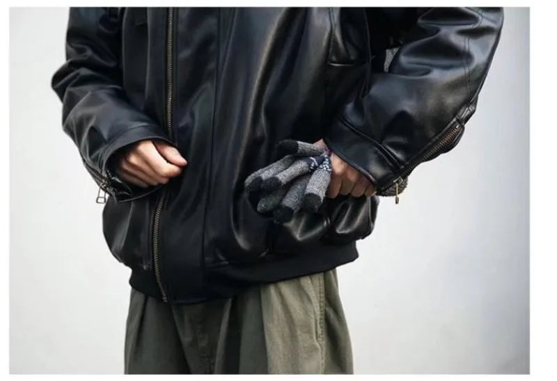 japanese street motorcycle set men thickened stand collar hip hop leather jacket harajuku casual pants 2 pcs bomber suit 2023 unique default style 4899