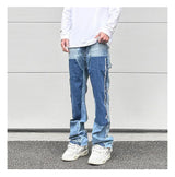 patchwork design denim flare jeans pants men casual zipper straight biker trousers jeans fashion streetwear hip hop jean joggers unique joggers style 2607