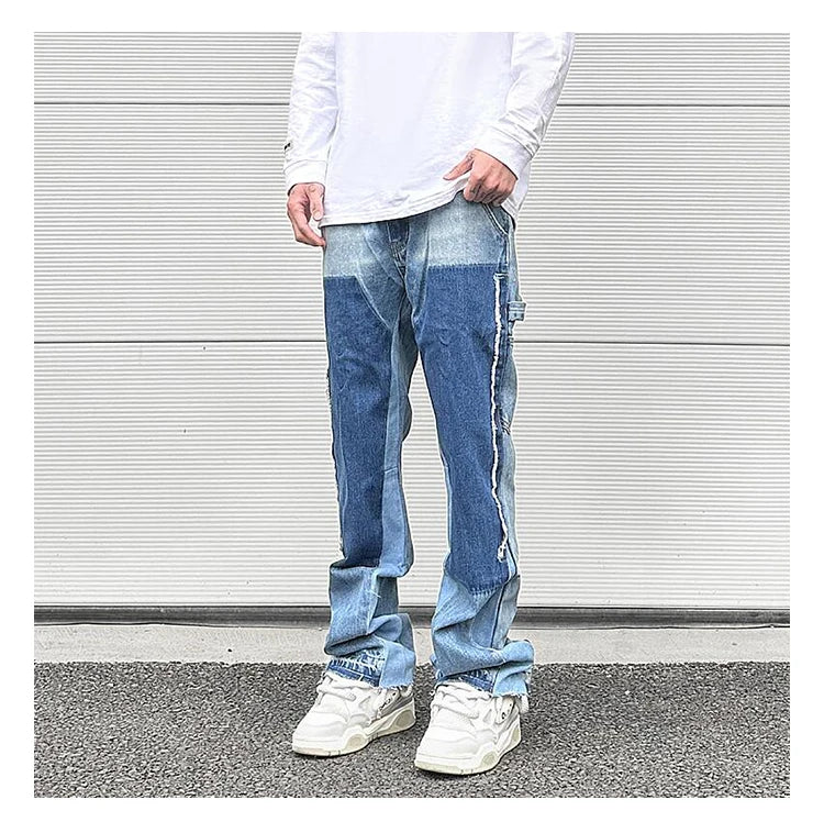 patchwork design denim flare jeans pants men casual zipper straight biker trousers jeans fashion streetwear hip hop jean joggers unique joggers style 2607