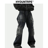 fashion punk rings streetwear loose pants unisex casual multiple pockets wide legs jean pants hip hop joggers men baggy jeans casual joggers