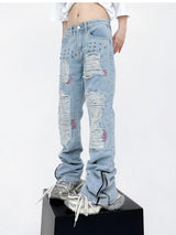 destroy ripped holes patchwork denim jeans men unisex casual rivet bottom zipper trousers jeans streetwear hip hop pants joggers unique joggers style 3641