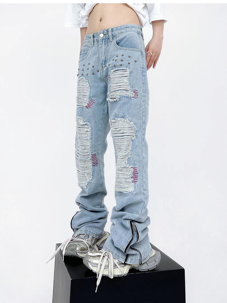 destroy ripped holes patchwork denim jeans men unisex casual rivet bottom zipper trousers jeans streetwear hip hop pants joggers unique joggers style 3641