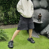 vintage ripped damaged black cargo shorts for men high street wide leg baggy overalls distressed summer knee length pants unique cargo style 138