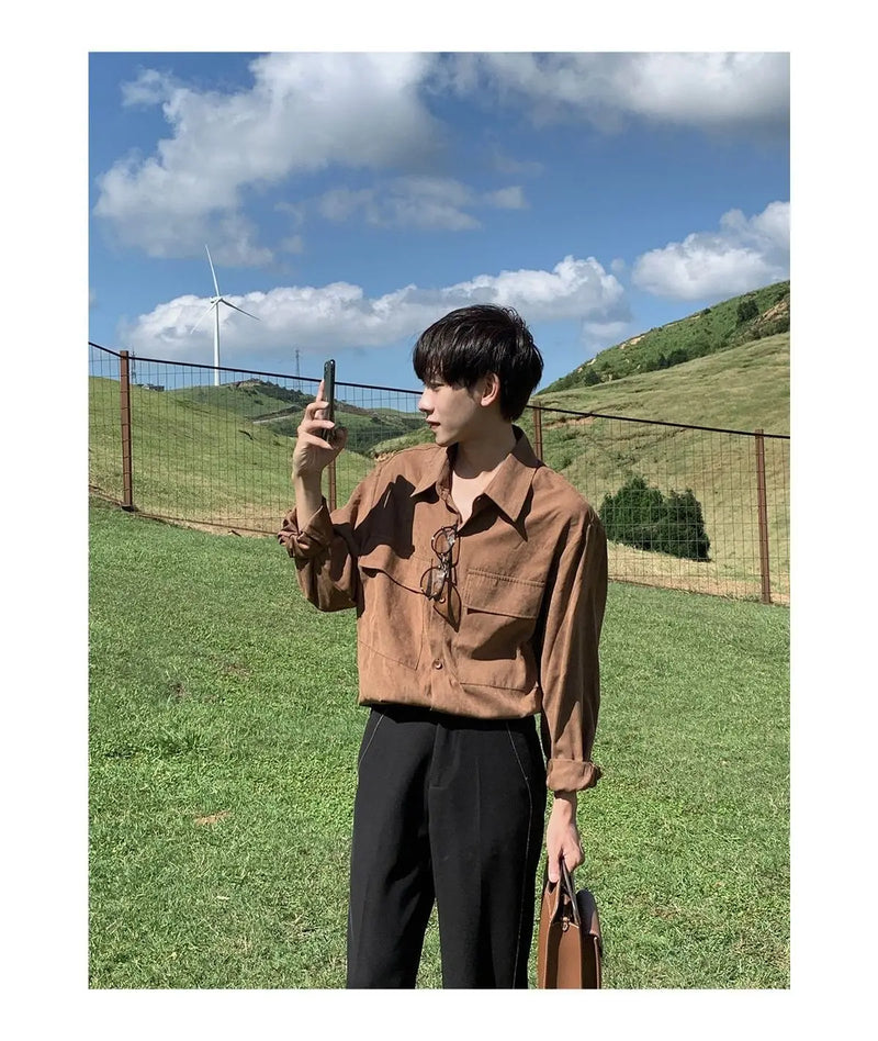 Spring And Autumn New Korean Style Shirt Men Suede Loose Trendy And Ve