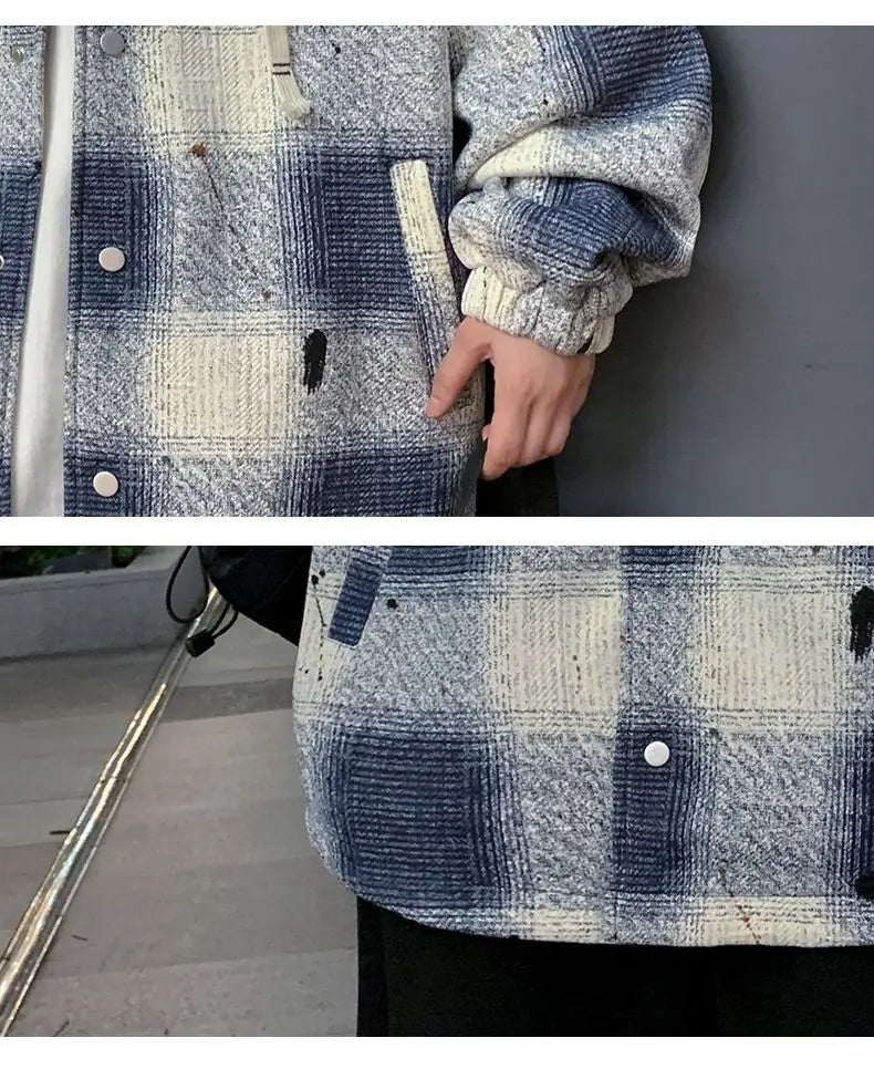 American high street men and women trendy personalized hooded cardigan sweatshirt couple loose retro plaid casual jacket top y2k