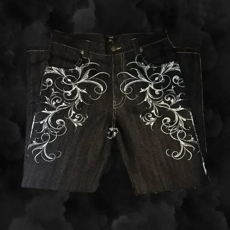hip hop fashion y2k street high waist gothic skull geometry men jeans american retro couples straight loose pants stacked flare jeans