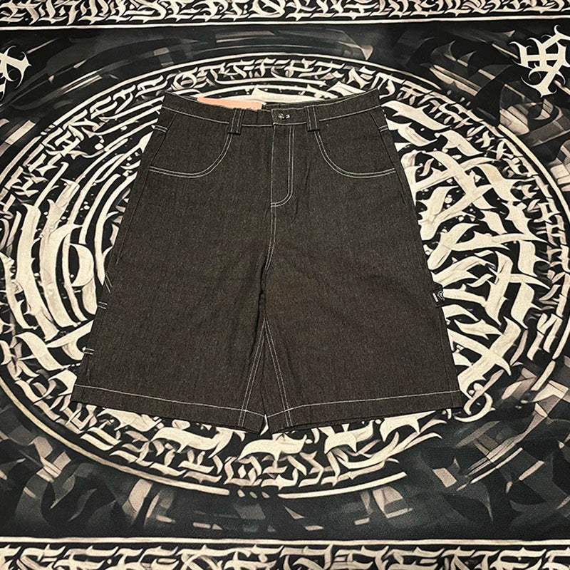 high street embroidery casual over knee summer jeans shorts mens wide leg baggy y2k denim short oversized five point pants unique jeans style 3552