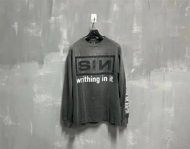 vaporwave oversized shirt featuring summer retro vintage sin print high street distressed worn cotton casual loose long sleeve t shirt pullover
