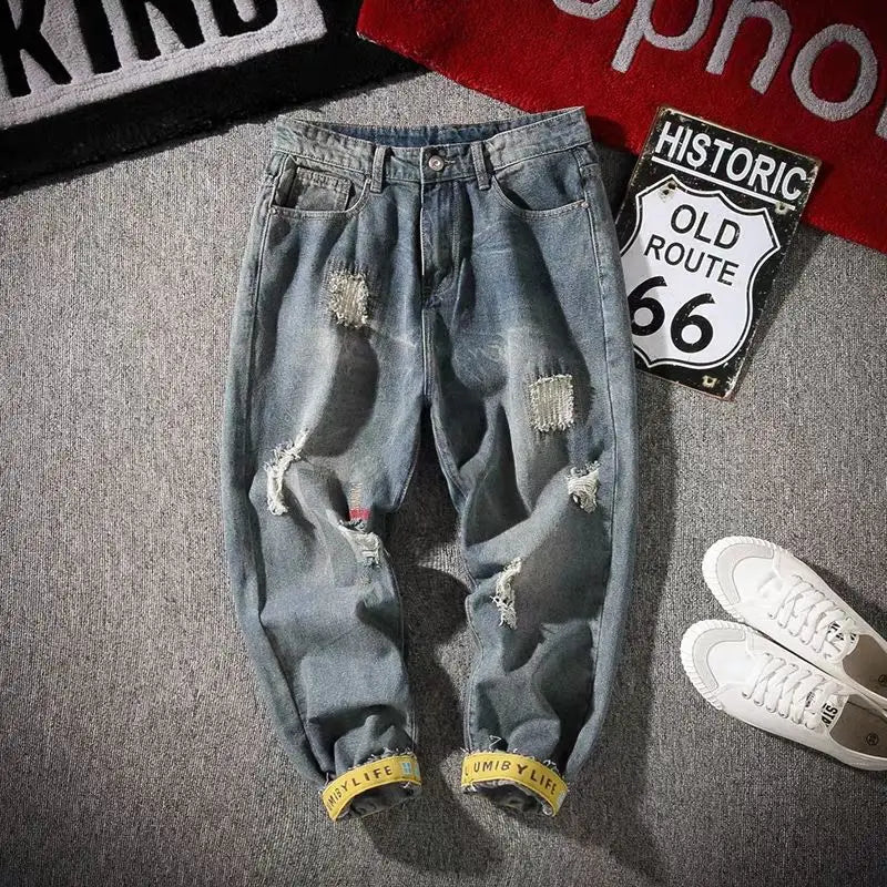 mens jeans with holes man cowboy pants cropped harem hip hop trousers 2024 korean style torn ripped broken retro classic pants unique jeans style 1871