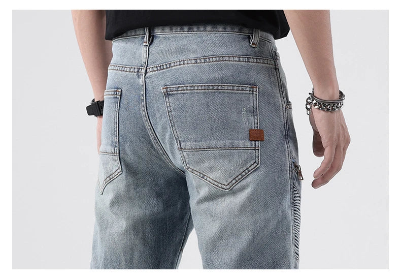 zipper hole patchwork pleated skinny denim jeans men casual slim fit biker trouser jeans fashion streetwear hip hop jean joggers unique joggers style 1793