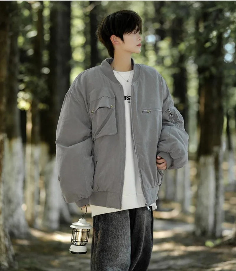 High Street Pilot Cotton Jackets Mens Thickening Winter Tooling Trendy Profile Warm Bomber Coats Unisex Baseball Collar Parkas
