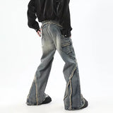 high street jeans mens spring autumn rough edge splicing design trendy denim pants multiple pockets punk cowboy flared trousers vintage washed jeans