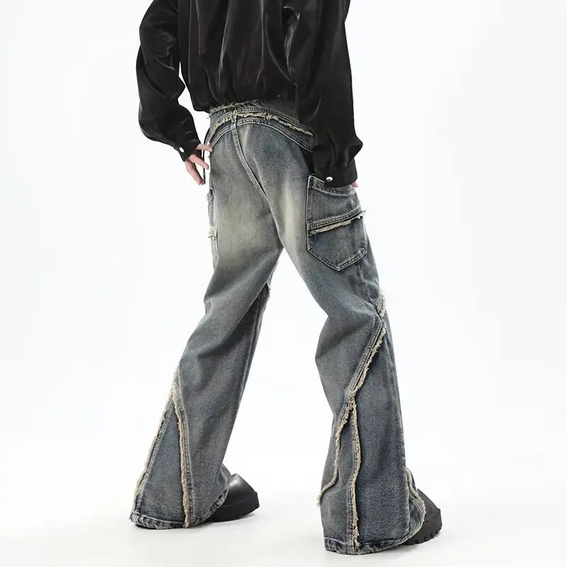 high street jeans mens spring autumn rough edge splicing design trendy denim pants multiple pockets punk cowboy flared trousers vintage washed jeans