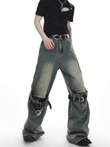 mens knee patchwork belts denim jeans unisex hip hop fashion streetwear harajuku loose flare straight y2k jean pants joggers relaxed fit joggers