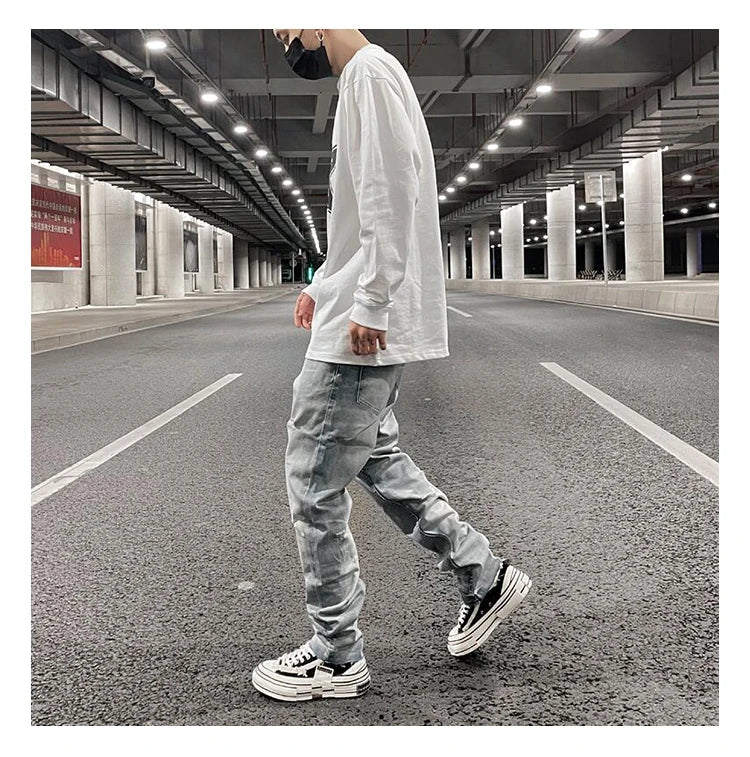 original tie dyed ripped flared denim jean for men streetwear washed hole casual stacked jeans pants mens slim fit jeans 2023 unique jeans style 3739