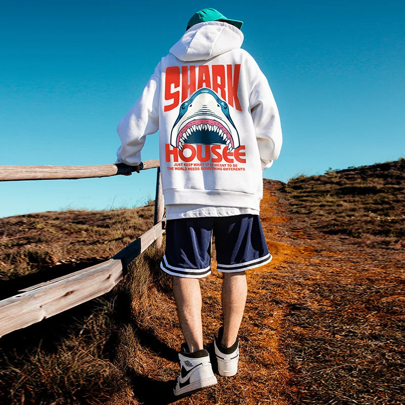 New In Anime Shark Graphic Printed Hooded Sweatshirts Men Hip Hop Fash
