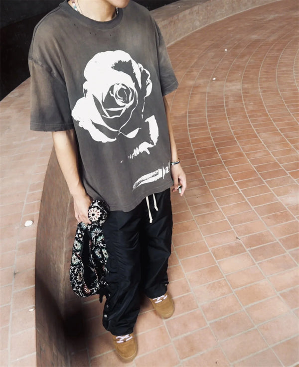 Gothic Oversized shirt – Vintage 90S Old School Style Sunfade Rose Cracking Washed Ol